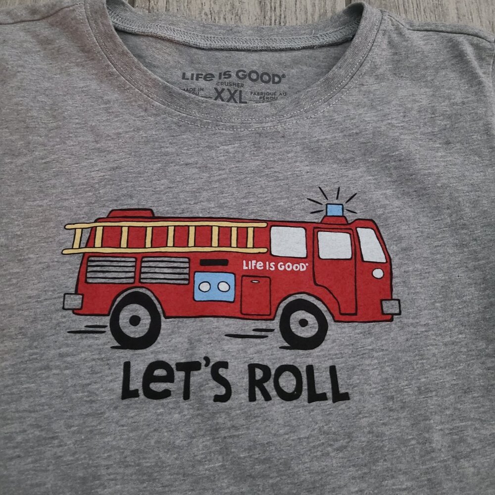 Life Is Good Kids Fire Truck “Let’s Roll” T-Shirt Gray XXL (14-16) - Picture 3 of 8